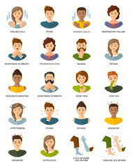 Disease symptoms, illness flat style medical icons. Chest pain, coronavirus, cough, covid-19, dizziness, excessive sweating, fatigue, fever, coronavirus, headache, pneumonia, nausea, vomiting.