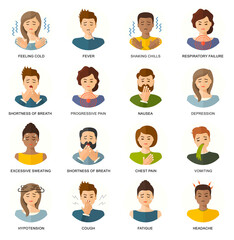 Disease symptoms, illness flat style medical icons. Chest pain, coronavirus, cough, covid-19, dizziness, excessive sweating, fatigue, fever, coronavirus, headache, pneumonia, nausea, vomiting.