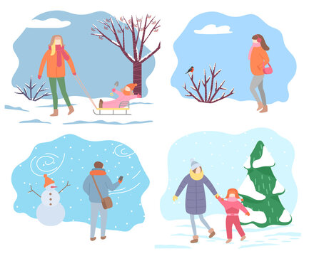 Winter outdoor activity, Christmas holidays and wintertime isolated icons vector. Sleighing and walking in park, building snowman. Child on sleigh with mother, Xmas tree and snow illustration