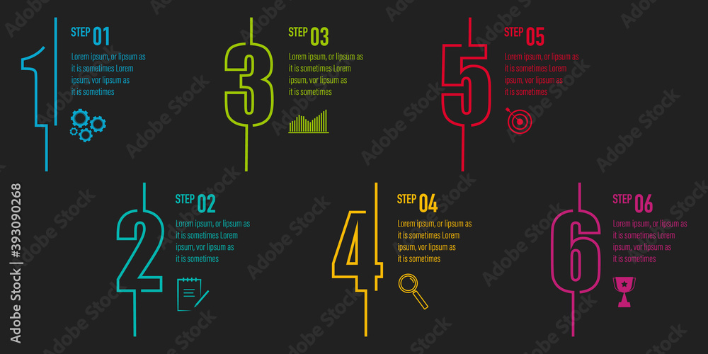 Poster infographics design vector and business icons with 6 options in neon outline number design for prese