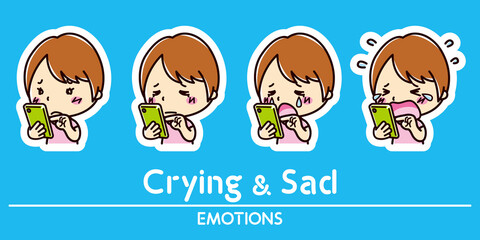スマホと女性の表情セット / 泣く / 悲しい