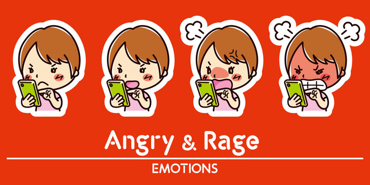スマホと女性の表情セット / 怒る / 激怒