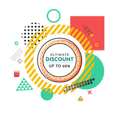 Trendy abstract geometric bubble hot sale. New arrival, big sale and special offer. Black friday up to. Big discount. Vivid banner retro poster design style. Vintage colors and shapes in memphis style