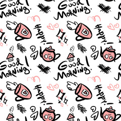 Hand-drawn Good Morning seamless pattern in pink and black colors on white background. There are cute stylized cartoon teapots, cups with hearts and sparkles with confetti