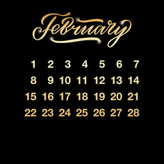 Vector illustration of February 2021 calendar leaf for banner, poster, greeting card, shop advertisement, souvenirs, calendar design. Golden numbers with handwritten lettering on black background
