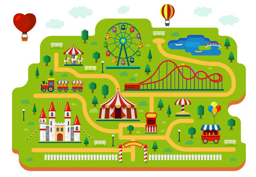 Amusement park map, funfair carnival rides plan