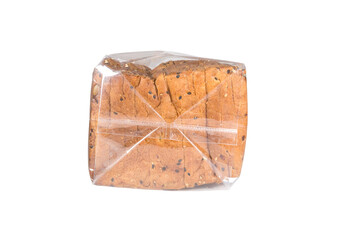 Bread slices with cereals in a plastic package on white background