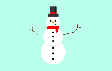 vector illustration of a white snowman. flat image
  snowman in black top hat and red scarf
