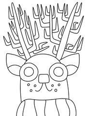 Funny reindeer portrait coloring page stock vector illustration. Cartoon smiling deer with branched horns and scarf vertical printable page. Vertical animal worksheet black outline white isolated.