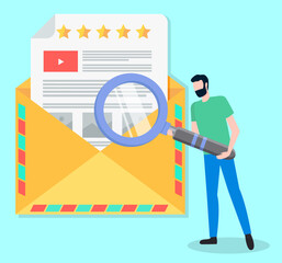 Man stands and holds cartoon magnifier glass showing envelope with letter, paper with stars, video icon, text and pictures. Promotion participation. Attract customers, increase sales, luring consumers