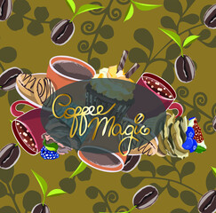 Olive vector illustration card with cups of coffee, cupcakes and inscription 'Magic coffee'.