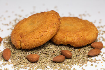 sesame and almonds (without shell), homemade cookies, white background