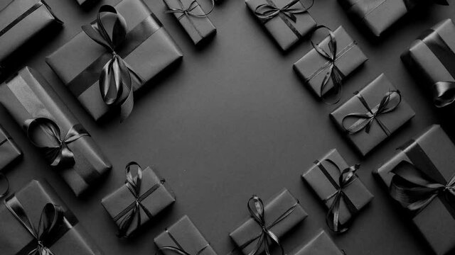 Arranged Gifts boxes wrapped in black paper with black ribbon on black background. Christmas concept
