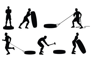 Fototapeta premium Set of healthy men with car wheel for exercise silhouette vector