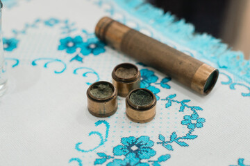 Baptism ceremony in Church, catholic. The Sacrament of Baptism. Attributes. embroidered tablecloth