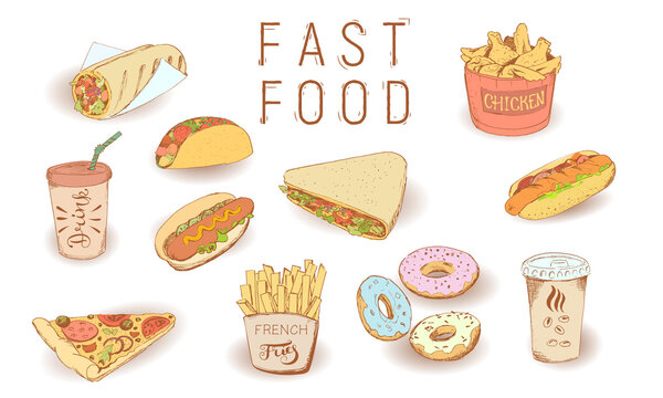 Set of fast food in sketch style, color image on a white background. For menu design, flyer, fast food cafe booklet. Vector illustration.