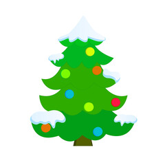 Snow covered Christmas tree, decorated with colorful balls. Vector illustration.