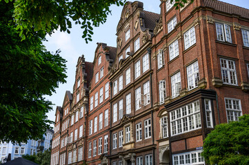 Fototapeta premium brick house in hamburg with many green plants around it in a quiet residential street in the middle of the city