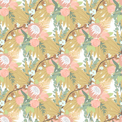 Floral boho seamless pattern with tropical flowers and leaves. On white background. Stock vector illustration.
