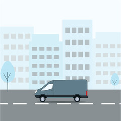 City delivery concept. Delivery service shipping by car on road moving in urban city scape. Vector flat illustration.