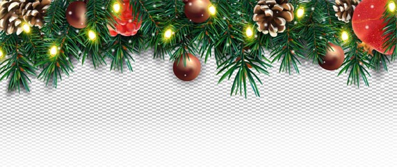 Realistic Christmas decor with of pine branches, pine cone, pomegranate, sparkles, light garland and Christmas toys on transparent background. Illustration for your poster, banner, cards. Vector.