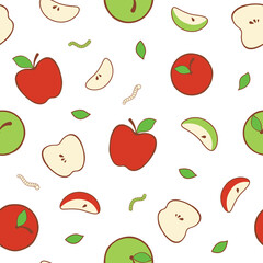 Decorative pattern of apples, halves and slices, with leaves and earthworms. Flat minimalistic modern style, isolated on white. Concept of beauty and youth. Nice for wrapping paper, packaging, textile