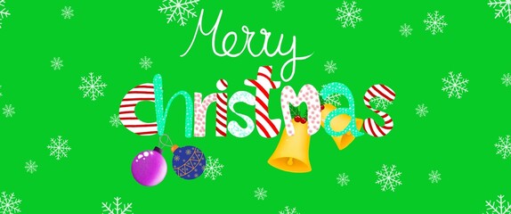 Merry Christmas hand drawn style texture, festive and Holliday, green background and balls and bells , colorful 