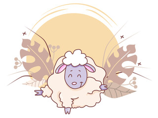 Pets yoga time. A cute lamb is doing yoga, standing in an asana, stretched out and raised his hooves. Vector illustration on a decorative background with tropical leaves, berries and decor 