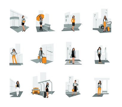 Businesswoman In City. Set Of Vector Illustration Of Scenes With Businesslady Characters. Lady Near The Taxi. Woman With Suitecase In The Airport. Girl With Umbrella. Businesswomen On The Road At Work