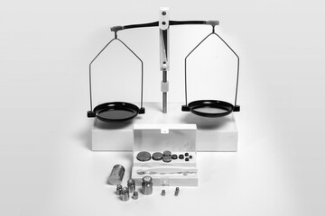 Empty mechanical scales  with white box with weights in front on a white background