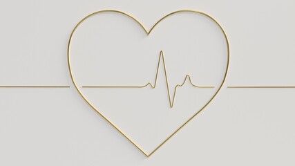 3d render gold pulse in heart icon on white background