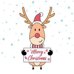 Cute deer in winter headwear with message board and Snow. Hello Winter, Happy New Year and Merry Christmas concept.