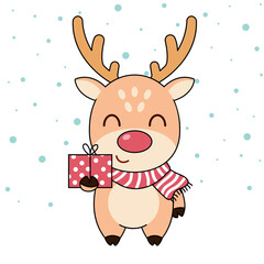 Cute deer in winter headwear with gift box and Snow. Hello Winter, Happy New Year and Merry Christmas concept.