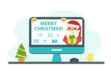 Workplace decorated for Christmas with a monitor, tree and cup. Santa Claus wishes you Merry Christmas. Vector illustration in flat style
