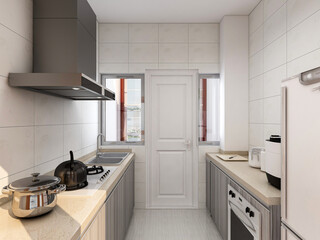 Modern family kitchen design, new cabinets and kitchenware with refrigerators, sunlight from the window.