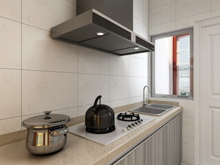 Modern family kitchen design, new cabinets and kitchenware with refrigerators, sunlight from the window.