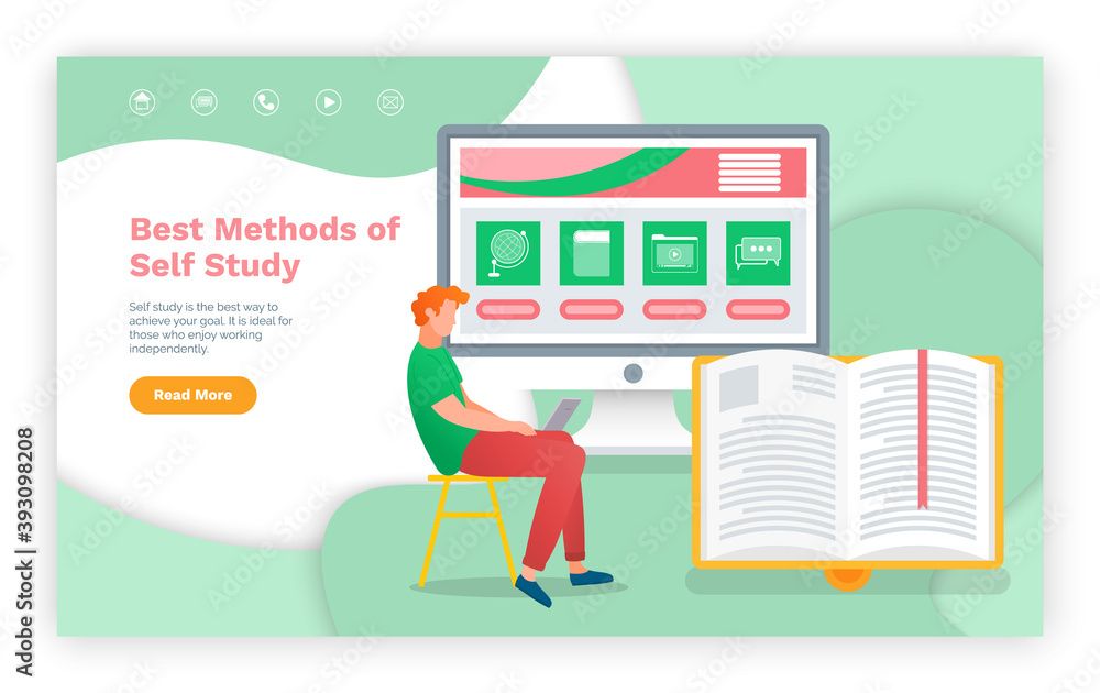 Aufkleber e-learning, best methods of self study web page template. young man using laptop and tablet pc for d