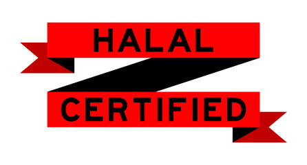 Vintage red color ribbon banner with word halal certified on white background