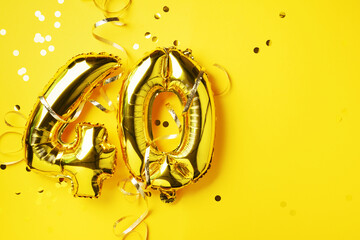 Gold foil balloon number, digit thirty. Birthday greeting card, inscription 30. Anniversary celebration event. Banner. Golden numeral, yellow background. Numerical digit, bright shiny glitter.