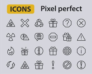 WARNINGS simple set of thin line vector icons. Contains icons such as warning, exclamation mark, reuse, warning sign and more. Editable stroke. Vector illustration