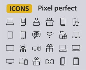 SMART devices and gadgets linear icons set, vector, contains icons computer, camera, laptop, phone, web devices, electronic appliances, and much more. Editable stroke
