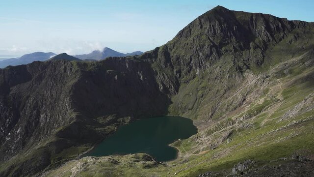 Snowdonia National Park aerial view of Mount Snowdon and Llyn Llydaw lake