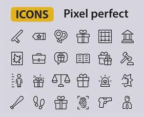 Court, Law and Justice Icon Set contains such icons as Law, Police, Prison, Handcuffs, Pistol, Editable stroke. Modern subtle symbols