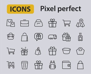 Simple set of bags, shopping and travel icons. Vector illustration Contains icons such as Card, wallet, shopping basket, discount, bowl, package. On a white background, editable stroke