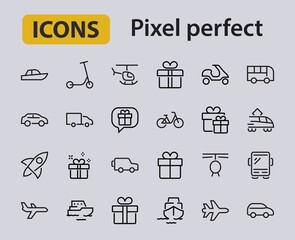 Set of public transport related vector line icons. Contains icons such as bus, bike, suitcase, car, scooter, truck, transport, trolley bus, sailboat, motor boat, plane and much more. Editable stroke