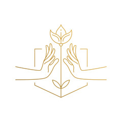 Vector design of flower growing between hands hand drawn with thin lines