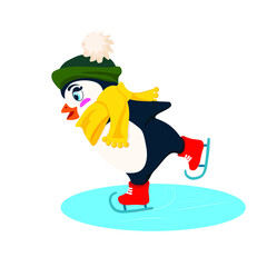 penguin on skates in a hat and scarf vector illustration isolated on a white background cartoon style