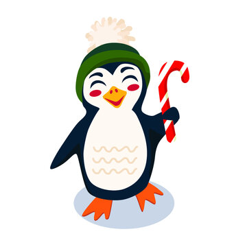 penguin in a hat with a Christmas candy vector illustration isolated on a white background cartoon style