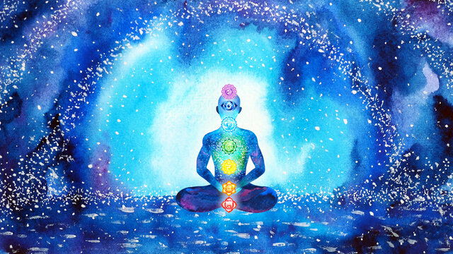 human meditate mind mental health yoga chakra spiritual healing meditation peace watercolor painting illustration design abstract universe