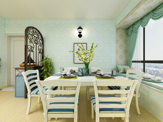 spacious dining room design next to the modern kitchen, with a beautiful dining table and greenery
